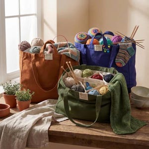 Knitting Project Bag With Pockets, Canvas Yarn Organizer, Crochet Storage Tote, Gift for Knitter