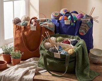 Knitting Project Bag With Pockets, Canvas Yarn Organizer, Crochet Storage Tote, Gift for Knitter
