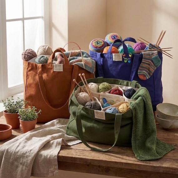 Knitting Project Bag With Pockets, Canvas Yarn Organizer, Crochet Storage Tote, Gift for Knitter