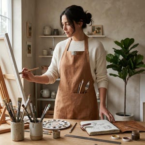 Brown Artist Apron With Pockets, Organic Cotton Studio Apron, Pottery Craft Apron, Tie Back Painting Apron for Makers