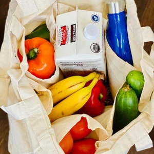 May include: A white reusable tote bag filled with groceries, including a carton of Kirkland Signature Organic Whole Milk, bananas, tomatoes, peppers, and cucumbers.