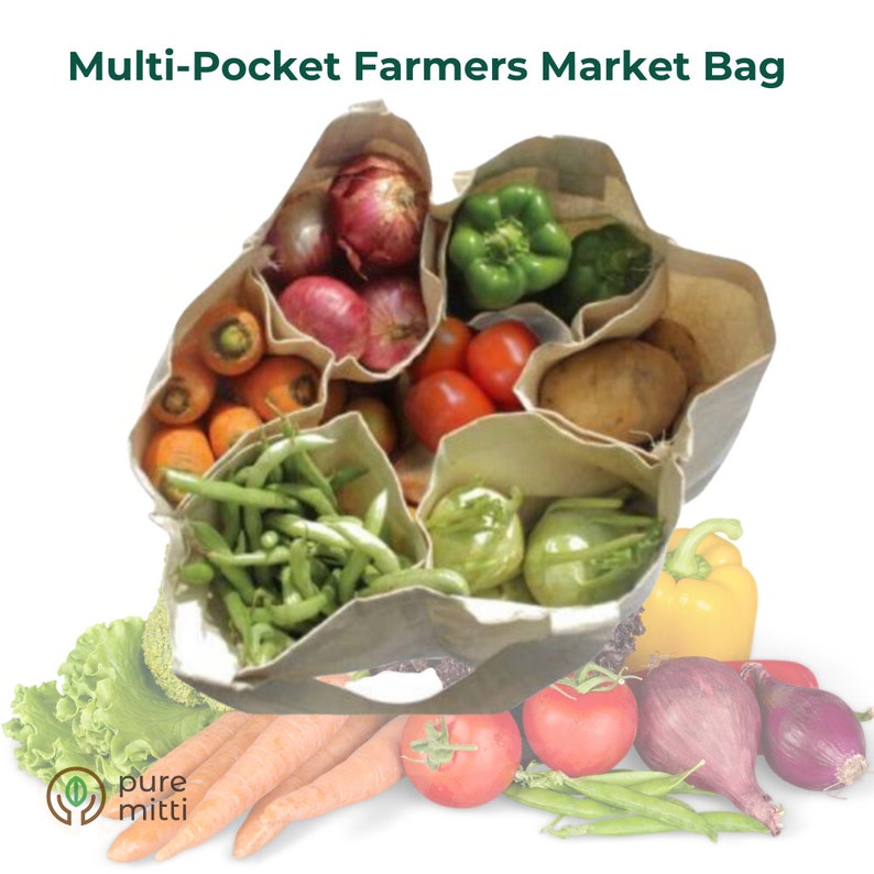 May include: A multi-pocket farmers market bag made of natural fabric with a variety of fresh produce inside, including red onions, green peppers, carrots, tomatoes, green beans, and a potato. The bag is open and the produce is spilling out.