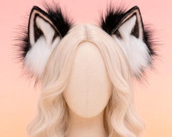 Diadema con orejas de husky de piel sintética realista / Accesorio articulado para juegos de cachorros, cosplay, therian