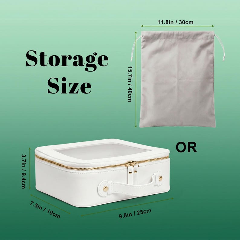 May include: A white rectangular storage case with a clear top, gold zipper, and handle, measuring 9.8in by 7.5in by 3.7in, alongside a grey drawstring bag measuring 11.8in by 15.7in. The text Storage Size and OR are visible in the image.