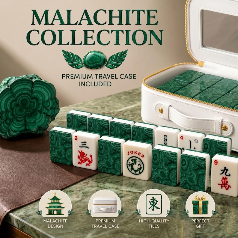 May include: A Mahjong set featuring tiles with a green malachite pattern and white faces with red and black characters. The set includes a white travel case with a handle and a mirror, and a raw malachite stone. Text reads MALACHITE COLLECTION.