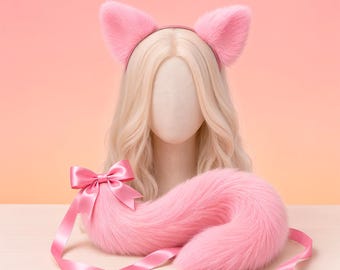 Roze kattenoren met staart van imitatiebont | Pluizige Kawaii Kitten-cosplay Neko Kemonomimi-uitrusting