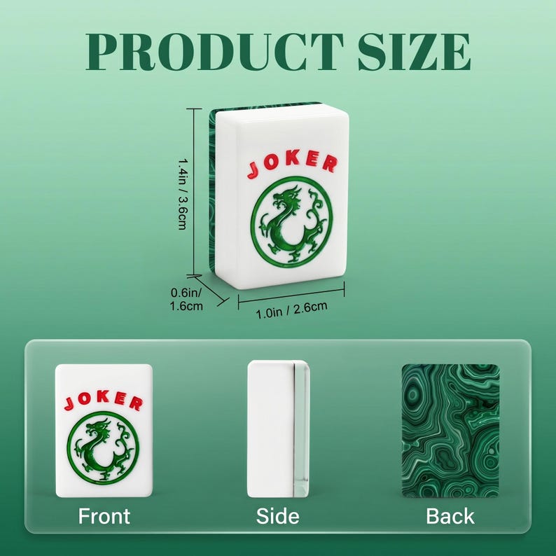 May include: A white rectangular mahjong tile featuring the red text JOKER above a green dragon emblem. The tile measures 1.4 inches in height, 1.0 inch in width, and 0.6 inches in depth. The back of the tile displays a green marbled pattern.