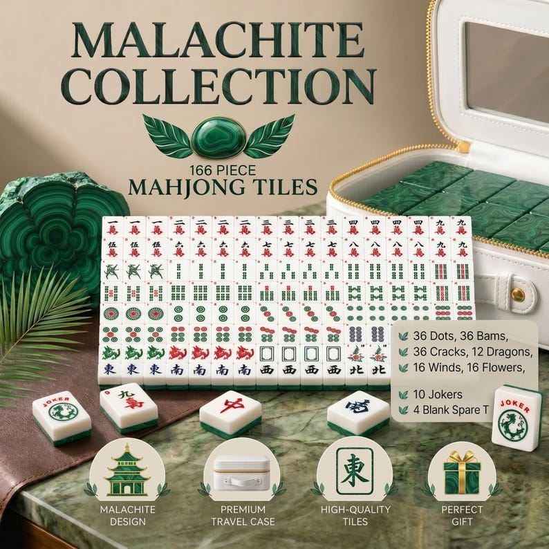 May include: A 166-piece Mahjong tile set featuring a malachite-inspired green pattern. The set includes white tiles with red, green, and black characters, dots, and symbols, housed in a white travel case with a malachite-patterned interior lining.