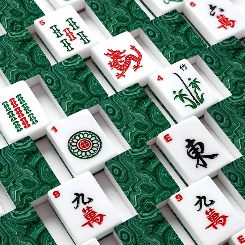 May include: A set of Mahjong tiles featuring a white face with black, red, and green traditional symbols and characters, paired with a dark green malachite-patterned back. The tiles are arranged in a grid pattern, showcasing various suits.