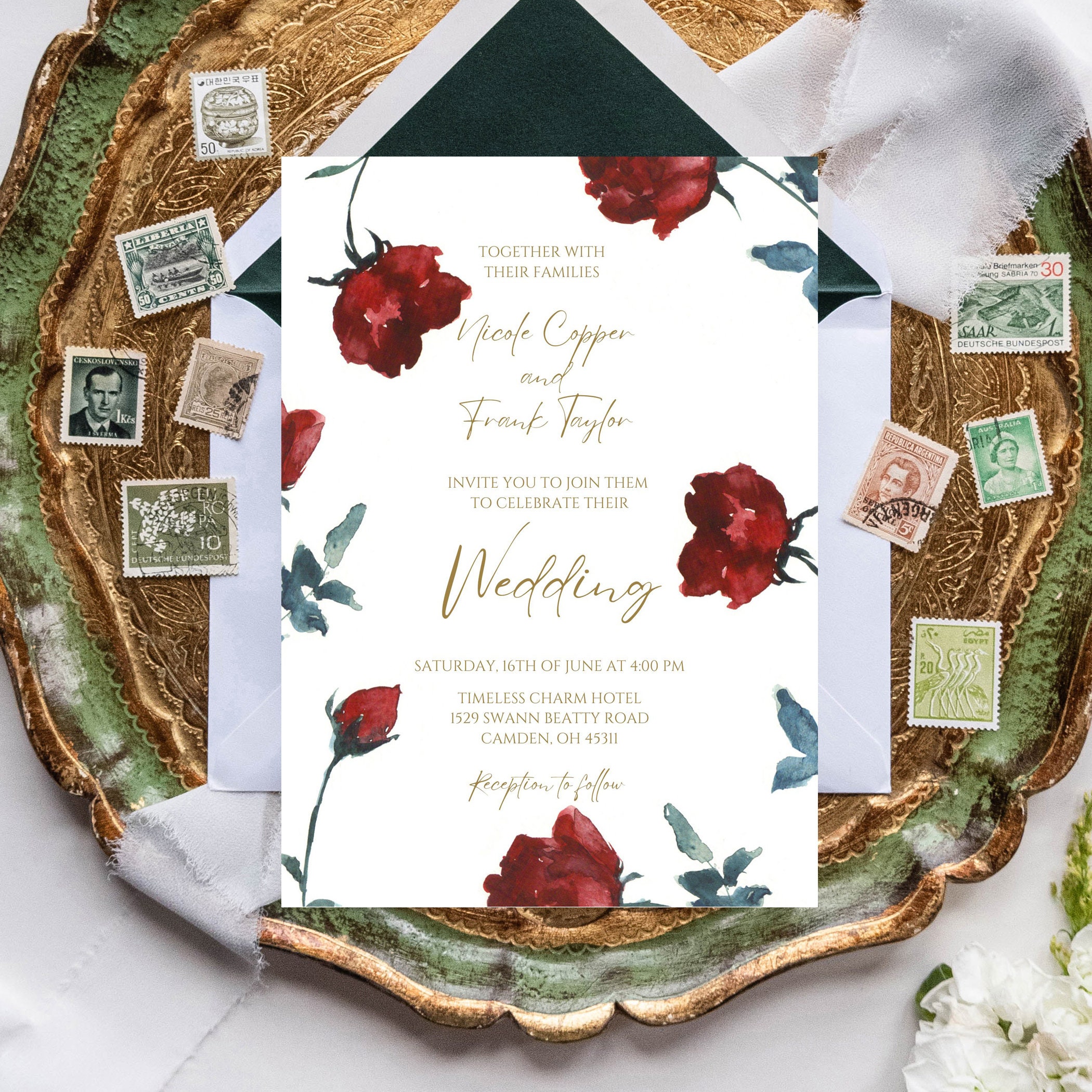 Red Roses Digital Wedding Invitation Set Template, Printable Burgundy ...