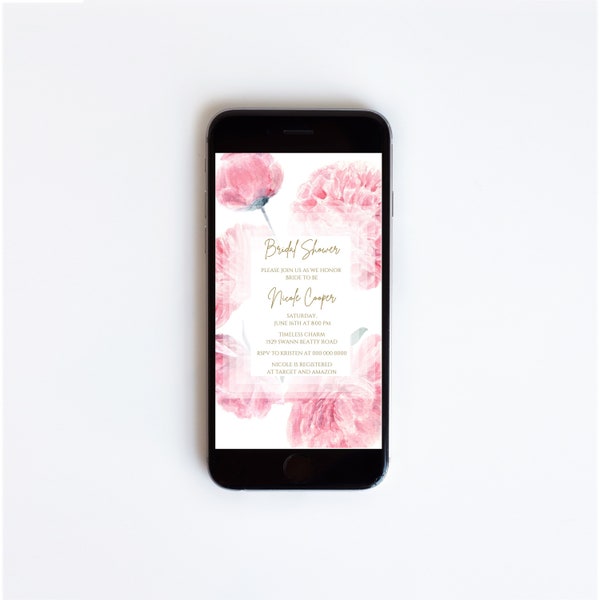 Digital Pink flowers Bridal Shower mobile invitation template, Mobile floral Bridal Shower invitation, Bridal shower editable template