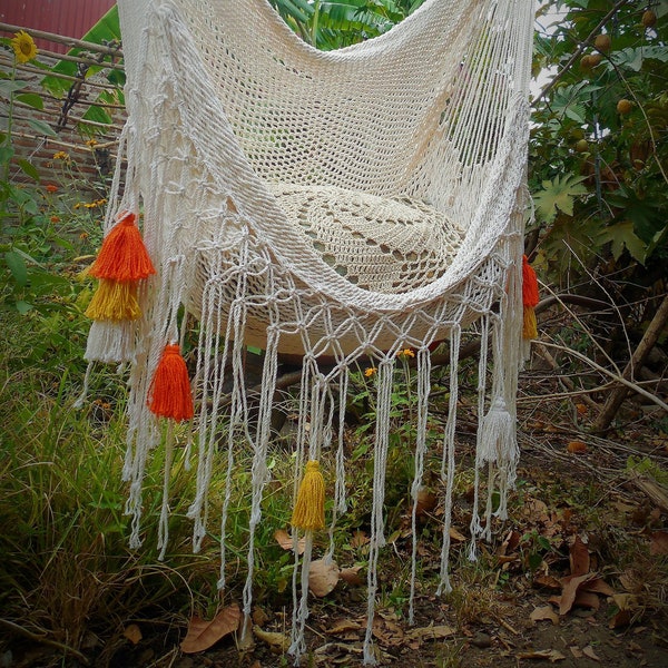 Hammock chair swing hanging chair handmade natural cotton macrame with color tassels. Express shipping.