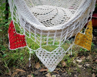 Hammock chair with original design crochet heart red, beige and yellow unipersonal use. Hanging chair handmade cotton rope. Express shipping