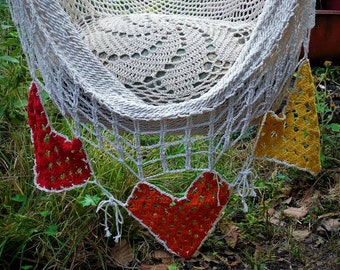 Hammock chair crochet heart color, handmade swing chair natural cotton, hanging chair for family, all season gift. Express shipping.