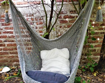 Amazing grey color hammock chair 100% handmade natural cotton. Hanging chair for room, studio, living room or garden. Express shipping.