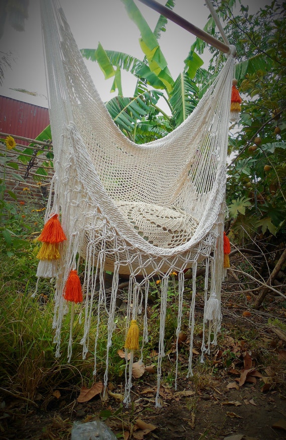 Hammock Chair Swing Hanging Chair Handmade Natural Cotton Macrame With Color Tassels. Express Shipping. Etsy