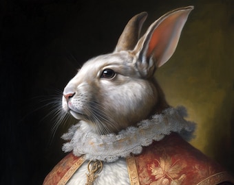 Large collar rabbit, Rabbit lovers, Gift for Mom and Dad, Gift for her, Renaissance, Victorian Rabbit Portrait, Easter Rabbit Print