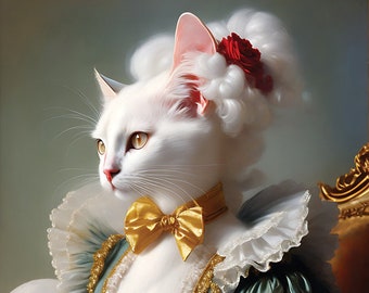Marie Antoinette white cat portrait, Cat portrait, Without customization, Cats lovers, Cat lovers, funny gift, digital oil painting