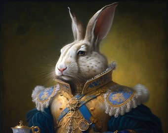 Large collar rabbit, Knight rabbit, Elegant Gold armor, Gift for Mom and Dad, Gift for her, Victorian Rabbit, Easter Rabbit Print, janovelty