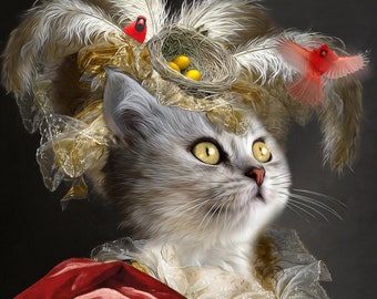 Marie Antoinette Fantasy Portrait with red cardinals, Cardinal Queen, 17 century classical pet portrait, Custom Portrait by JAnovelty