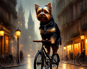 Dog on bike, Yorkie on bike, dog lovers, funny gift, dog fantasy