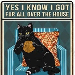 Yes I Know I Got Fur All Over the House | Black Cat Lover Gift | Garden Home Outdoor Decoration Retro Vintage Style Metal Tin Signs 8 x 12"