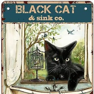 Black Cat Wash Your Paws Restroom Bathroom Wall Decor 12"x8" Inch Metal Tin Sign | Vintage Art Poster Plaque Home Wall Decor