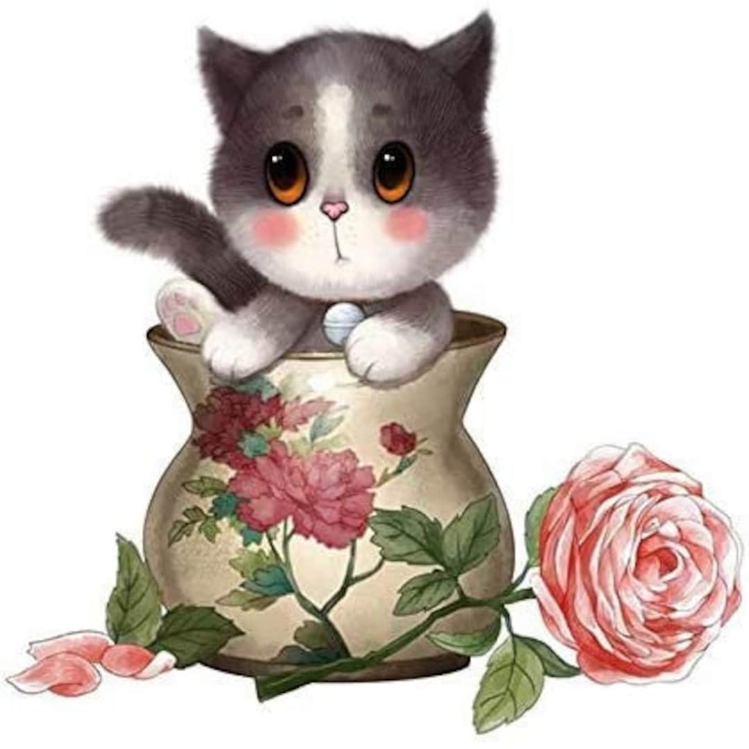 DIY Printable Kitten in Vase With Rose for Card Tshirt Design Frame and ...