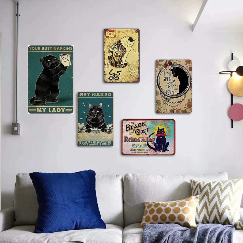 Black Cat with Toilet Paper | Your Butt Napkins My Lady | Wall Decor 12"x8" Inch Metal Tin Sign | Vintage Art Poster Plaque Home Wall Decor