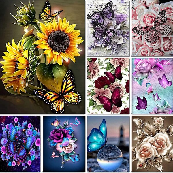 kit fai da te per pittura con strass 5D, mosaici da parete fiori di farfalla viola, kit per ricamo a punto croce pittura diamante decorazione per la