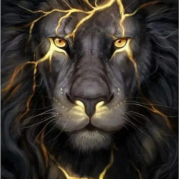 Black Lion with Lightning | 5D Diamond Full Square Painting by Number Kit | Wicca Art DIY | DIY Full Square Drill | Wall Art Decor 12”x16”
