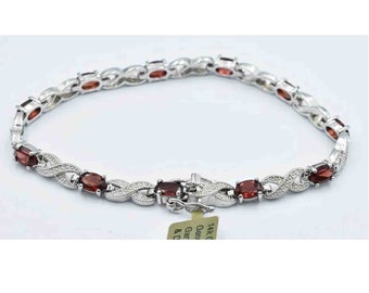Genuine 4.78 Cts Garnet & Diamond Bracelet 14k White Gold Plated