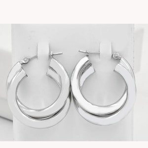 Solid Double Row Hoop Earrings 14k White Gold