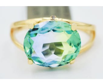 Echter 5,10 ct grüner Fluorit- und Diamantring aus 10-karätigem Gelbgold