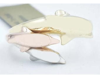 Solid Dolphin 3D Ring 14k Tri-tone Gold