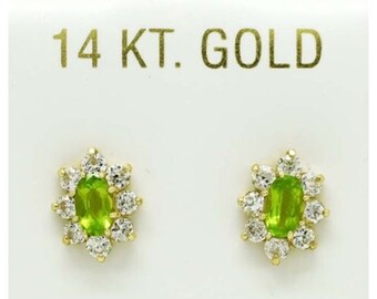 Peridot & White Sapphires Stud Earrings 14K Gold