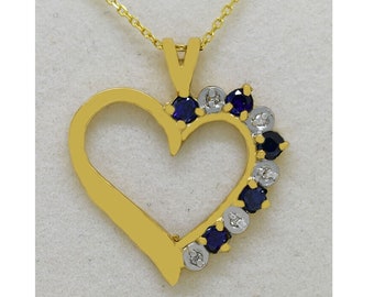 Genuine 0.65 Cts Blue Sapphire & Diamond Heart Pendant 10k Gold