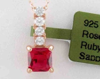 Lab Created Ruby & White Sapphire Pendant Necklace .925 Silver (Rose tone)