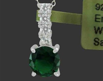 Lab Created Emerald & White Sapphire Pendant Necklace .925 Silver