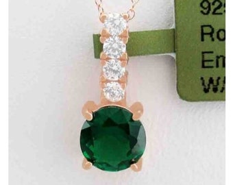 Lab Created Emerald & White Sapphire Pendant .925 Silver (Rose tone)