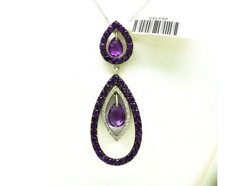 Genuine 4.90 Ct Amethyst & White Sapphire Pendant Necklace.925 Sterling Silver