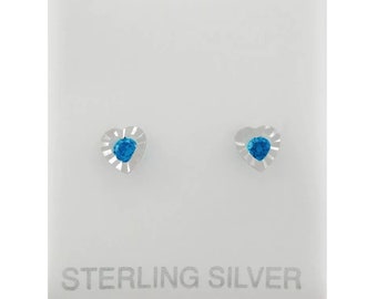 Created Blue Topaz Heart Stud Earrings .925 Silver