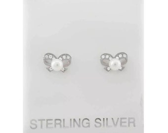 Genuine Pearl & White Sapphire Butterfly Stud Earrings .925 Silver