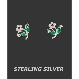 Created Rubies & Emeralds Flower Earrings .925 Silver