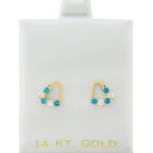 Created Blue Topaz & W/Sapphire Stud Heart Earrings 14K Gold