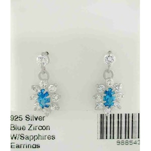 Blue Zircon 0.58 Cts & White Sapphire Dangling Earrings .925 Silver