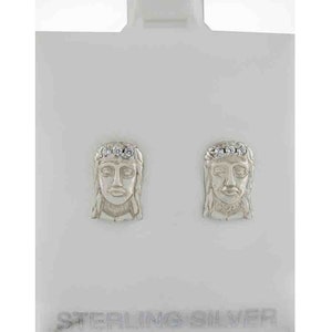 Created Jesus Christ Face White Sapphire Stud Earrings .925 Sterling Silver