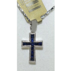 Genuine 0.35 Cts Diamond & Blue Sapphire Reversible Cross Pendant 14K Gold