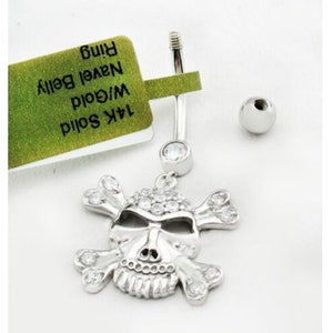 Lab White Sapphire Skull Belly Navel Ring 14K Solid White Gold
