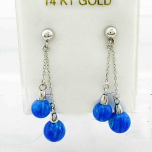 Genuine Blue Opal Dangling Earrings 14k White Gold
